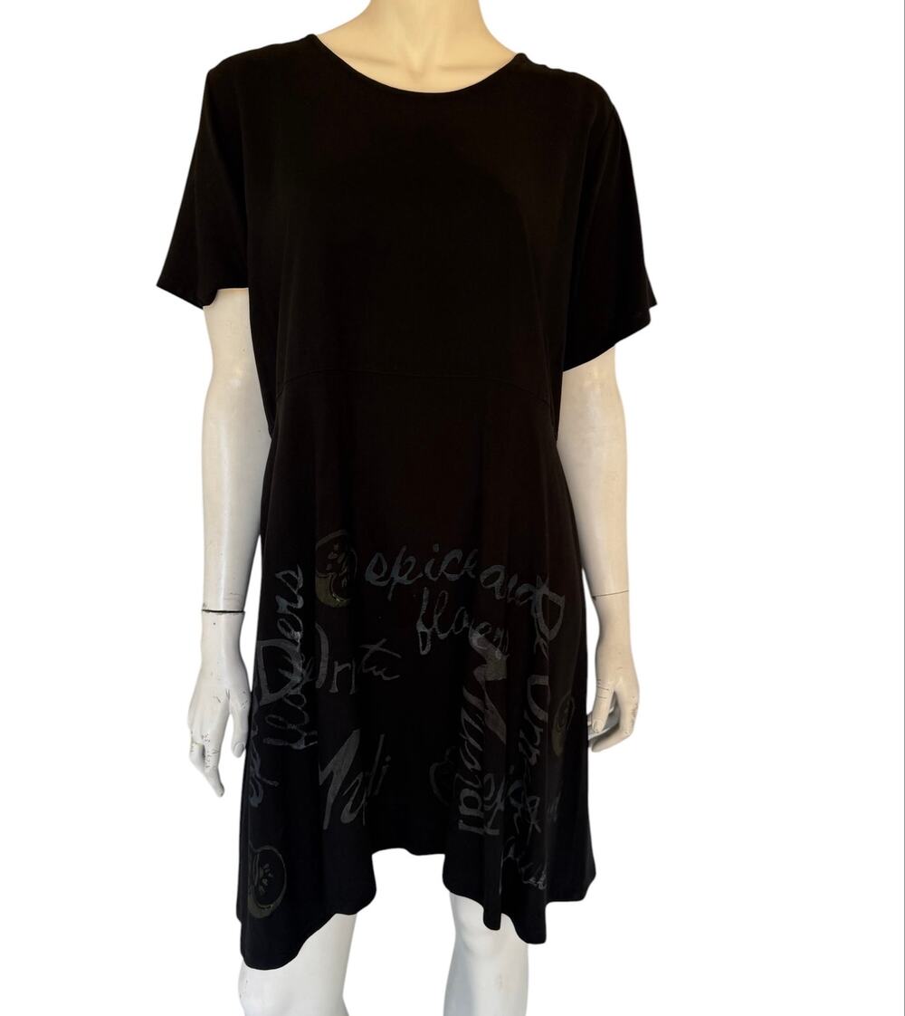 Vintage Blue Fish Size Black Dress Art To Wear Hand Painted Lagenlook Boho M